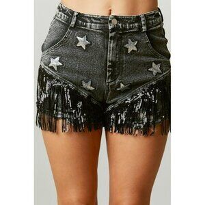 Oh My Starlight Sequin Patch Black Shorts With Fringe